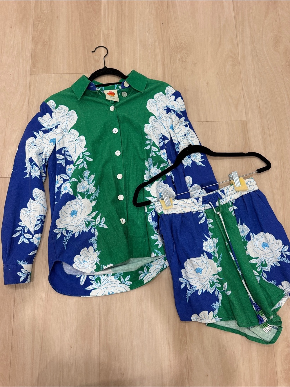 Farm Rio Green & Blue Floral Button-Up Top & Shorts Set